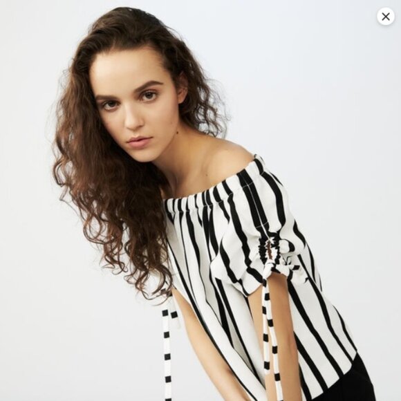 Maje Lonson Striped Off‑the‑Shoulder Top – Size 1‎ (US 4/S) – Black & White - Picture 3 of 11
